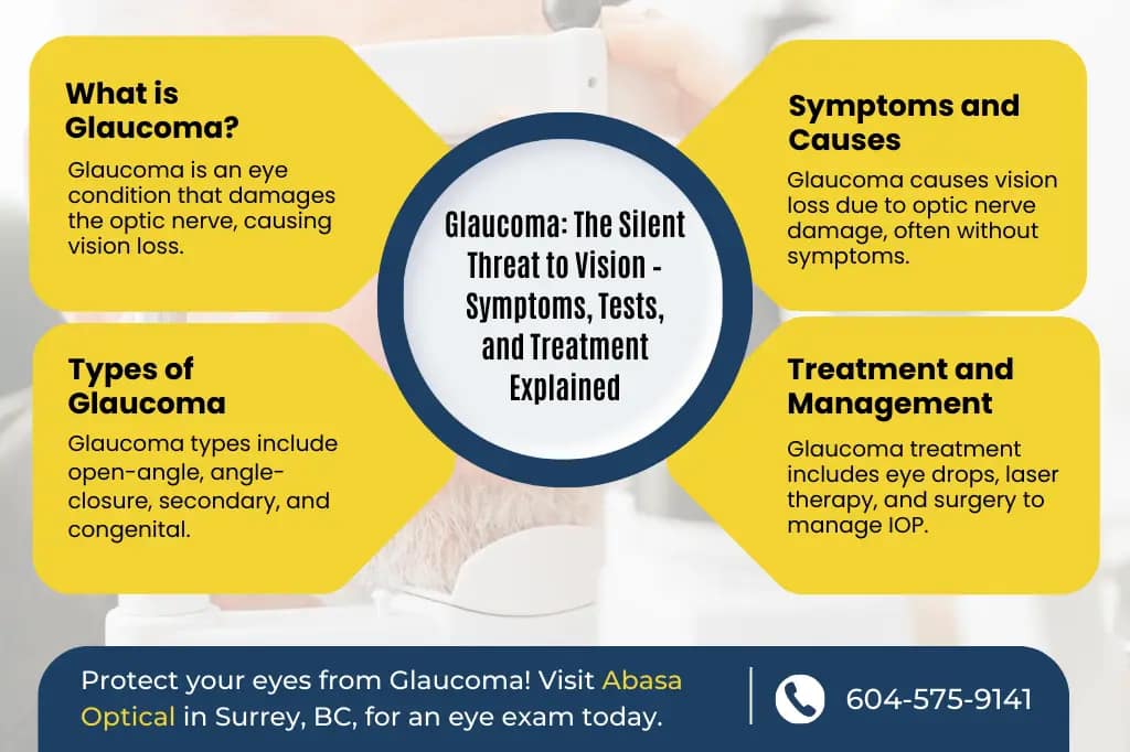 Infographic explaining glaucoma types, symptoms, and treatment options